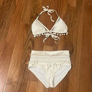 White High-Waisted Bikini with Poms
